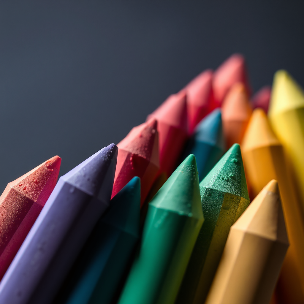 Imagine a close-up photograph capturing the intense, vibrant colors of soft chalk pastels. Focus on a selection of individual sticks of pastel, arranged in a rainbow gradient from deep blues and purples to fiery reds and oranges, culminating in soft yellows and greens. The lighting is crucial: use a single, strong light source from above to illuminate the pigments, causing them to practically glow. The texture of the pastels should be visible – the slight roughness, the fine powder clinging to the surface. The backdrop should be a simple, dark gray or black to maximize contrast and make the colors pop. Capture the tactile feel of these pigments, emphasizing their ability to create brilliant, lasting artworks. High resolution, focus stacked image.