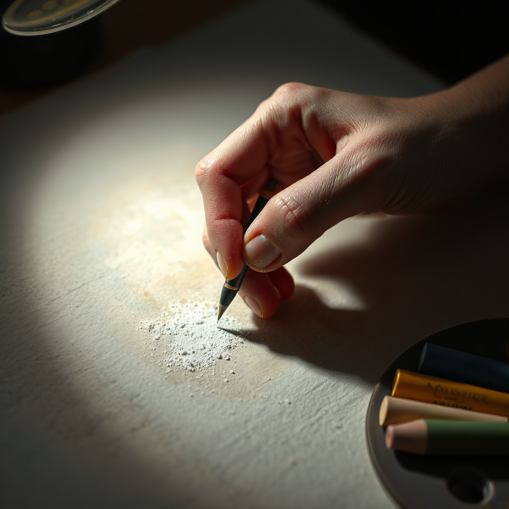 Imagine a close-up photograph focusing on an artist's hand as it delicately applies soft chalk pastel to a textured paper surface. The scene should convey a sense of deep emotional connection and artistic expression. The hand should be lightly dusted with pastel pigment, and the fingers should be poised with intention. The lighting should be dramatic, with a single spotlight illuminating the hand and the artwork in progress. The colors should be muted and earthy, with hints of blues and greens suggesting a sense of calm and introspection. Add subtle details like a worn artist's palette and a selection of well-used pastel sticks. The composition should emphasize the intimacy and vulnerability of the artistic process. Style references: Rembrandt's portraits, focusing on light and shadow. Ultra high resolution.