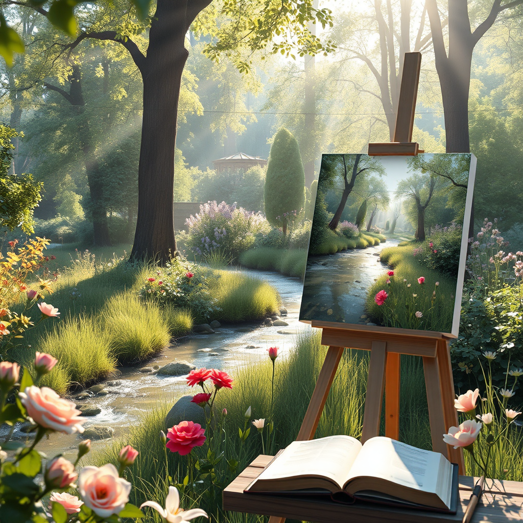 A group of people participating in an art therapy session in a serene garden. They are painting landscapes, drawing flowers, and creating collages using natural materials. The atmosphere is relaxed and supportive, emphasizing the therapeutic benefits of art. The overall message is to encourage the exploration of art as a tool for healing and inspiration.