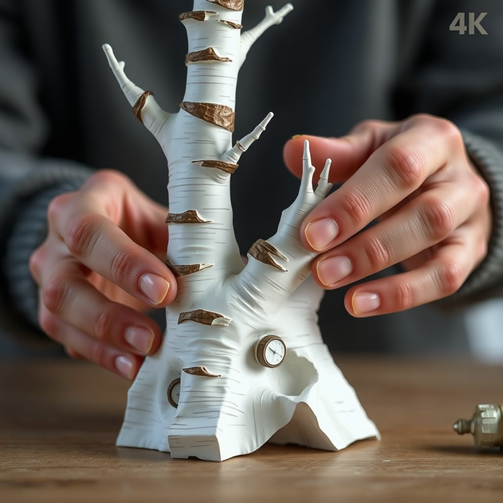 Photorealistic close-up of hands carefully crafting a paper birch sculpture. Focus on the detail of the hands working the material. Soft, natural light. 4K resolution.