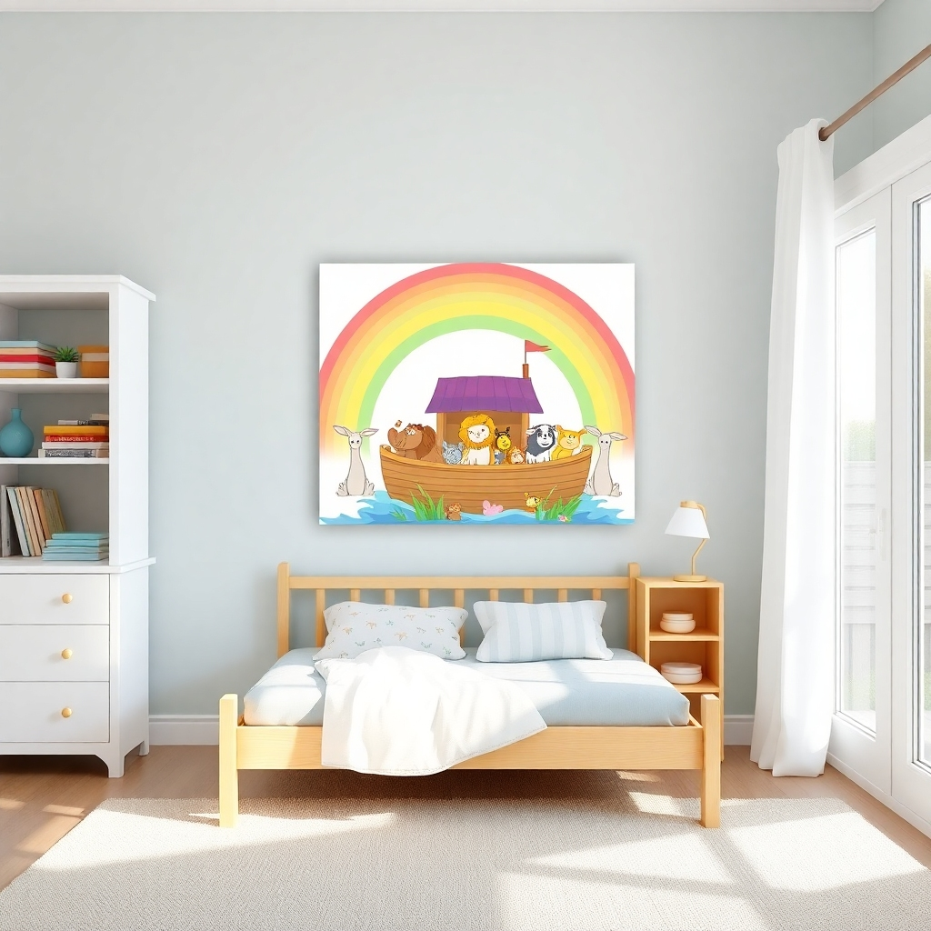 Photorealistic image of a child's bedroom featuring a Christian wall art print above the bed. The artwork displays a colorful illustration of Noah's Ark filled with animals, set against a bright rainbow. The room is filled with natural light, creating a cheerful and inviting atmosphere. The composition is balanced and harmonious, reflecting a sense of peace and security. Style reference: Children's illustration of Noah's Ark. Technical specs: 8K resolution, hyperrealistic, bright natural lighting.