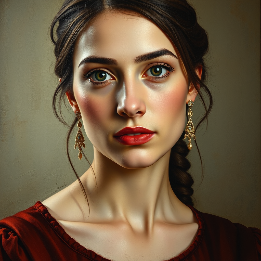 Photorealistic oil painting blending a modern woman's features with elements of a historical portrait (e.g., a subtle Renaissance style). The color palette is rich and warm, evoking a sense of timelessness. 4k resolution.