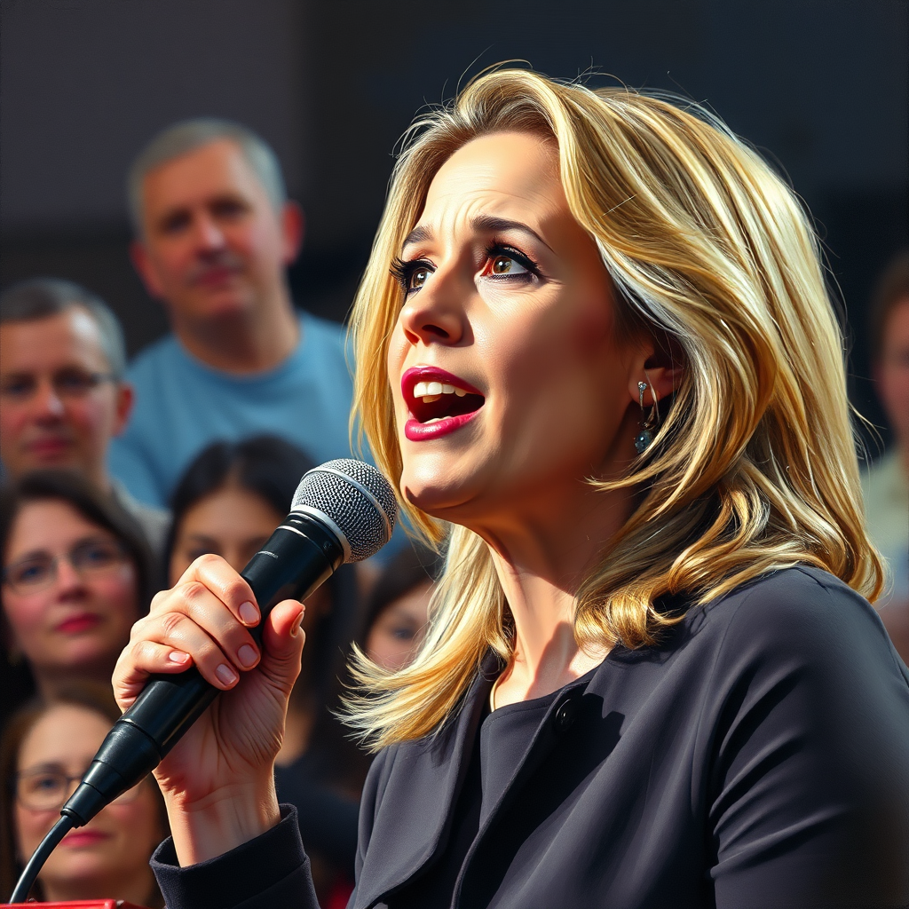 Photorealistic oil painting of a woman speaking into a microphone, her expression confident and passionate. The lighting is focused on her face, emphasizing her expression. A supportive crowd is visible in the background. 4k resolution.