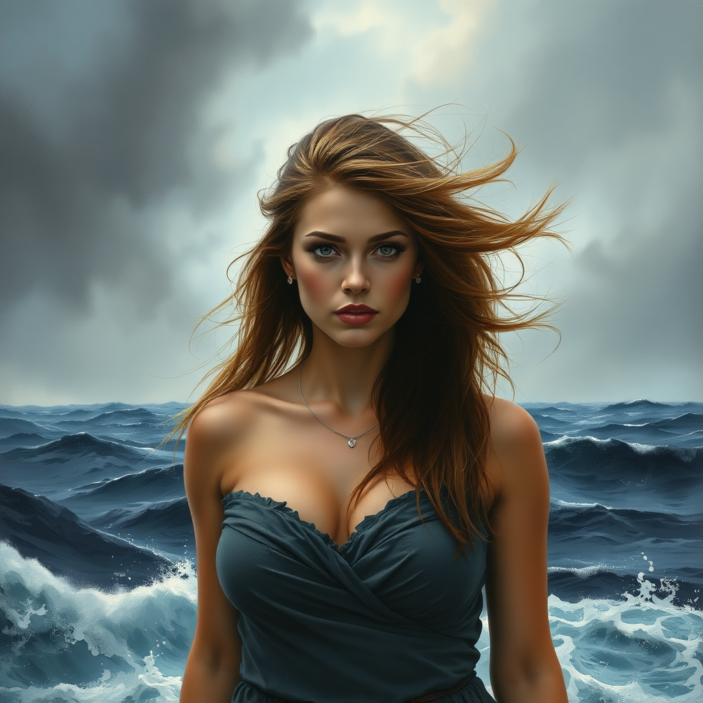 Photorealistic oil painting of a woman standing against a stormy sea, her gaze resolute and unwavering. Wind whips through her hair, but her stance remains firm. The color palette emphasizes blues, grays, and hints of gold for resilience. 4k resolution.