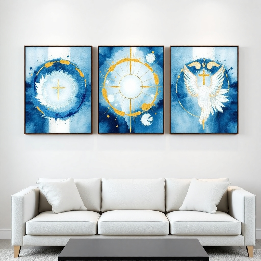Photorealistic rendering of a triptych (three-panel artwork) hanging above a modern sofa. Each panel features a different abstract design inspired by the Holy Trinity: Father, Son, and Holy Spirit. The panels utilize a cohesive color palette of blues, whites, and golds, but each has its unique texture and composition. The lighting is soft and diffused, highlighting the subtle variations in the artwork. Style reference: Abstract art inspired by the Holy Trinity. Technical specs: 8K resolution, hyperrealistic, soft lighting.