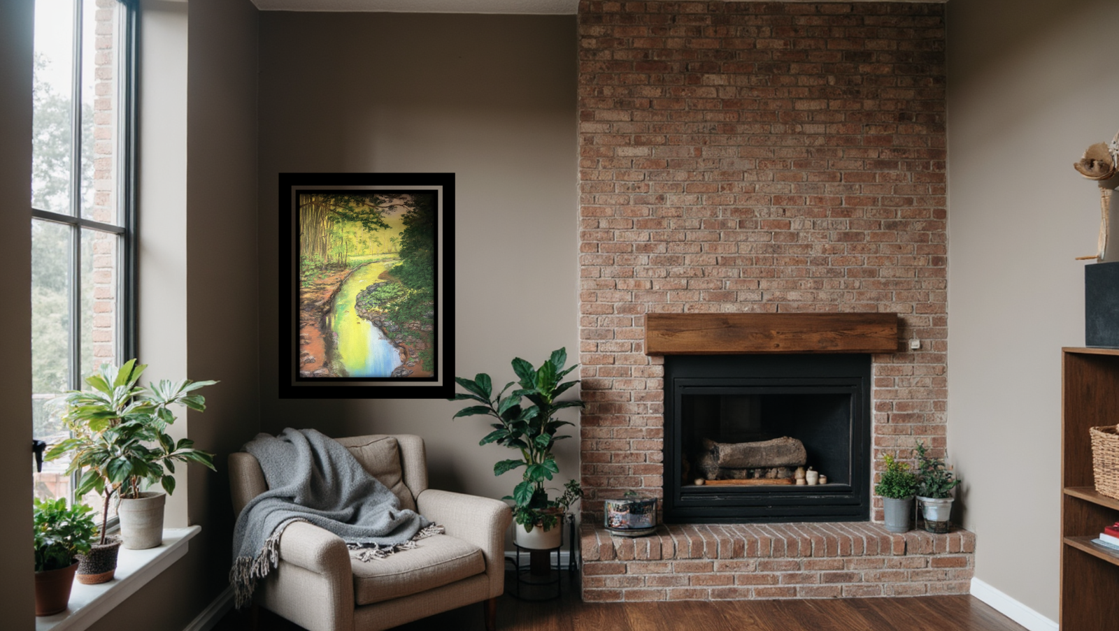 A stylized image representing Margaret Lukasik in her art studio, surrounded by her vibrant oil paintings. The scene should convey creativity and inspiration. Margaret should be depicted working on a canvas, with a palette of colors in her hand. The studio should be filled with natural light, casting soft shadows and highlighting the texture of the paintings. The composition should be warm and inviting, with a focus on the artist's passion and dedication. Consider incorporating elements of impressionism or fauvism to reflect the artistic style of the paintings. Render in 4K resolution with high-quality detail to capture the essence of the artistic process and the beauty of the artwork.