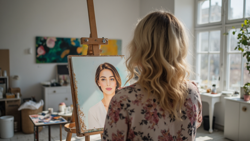 A stylized image representing the creation of a portrait painting. An artist's hands are shown skillfully applying paint to a canvas, with a close-up of the brushstrokes and the emerging features of a subject. The background is blurred, suggesting a studio environment filled with inspiration. The lighting is dramatic, focusing on the interplay of light and shadow on the canvas. The color palette is rich and vibrant, reflecting the diverse hues of oil paints. The image should evoke a sense of artistry, dedication, and emotional connection. Style reference: A blend of photorealism and impressionism, capturing the essence of the creative process. 4K resolution, high quality.