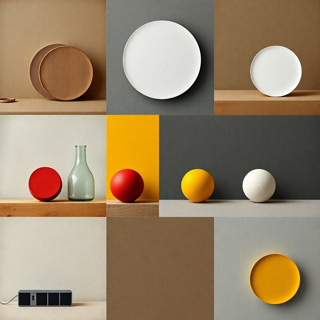 Produce a photorealistic image showcasing the various compositions and forms used in the paintings. The image should emphasize the balance and harmony of each composition, with a focus on how the elements are arranged to create visual interest.