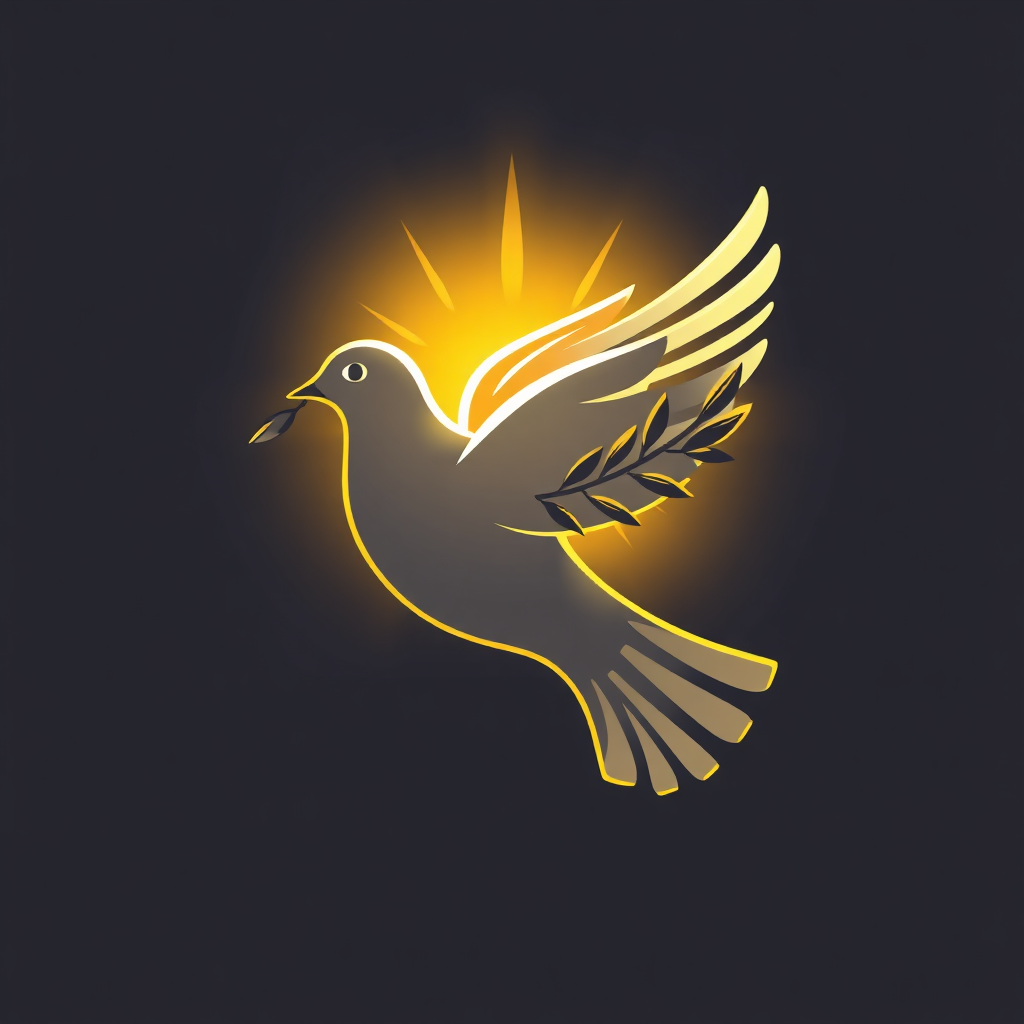 Stylized image of a dove with an olive branch, bathed in golden light, symbolizing peace and hope. Style: minimalist, elegant, 4k resolution.