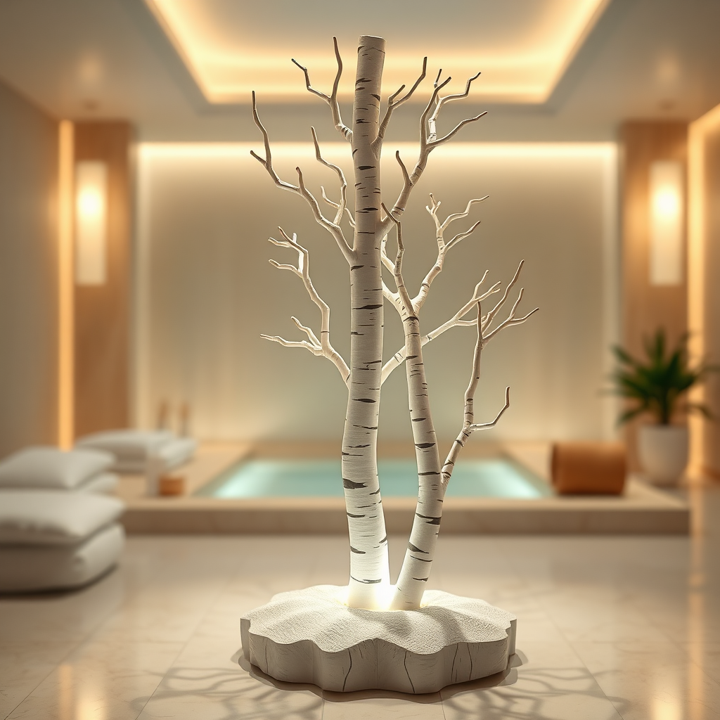 Stylized image of a paper birch sculpture placed in a spa-like setting. Soft, ambient lighting. Focus on creating a sense of calm and relaxation. 4K resolution.