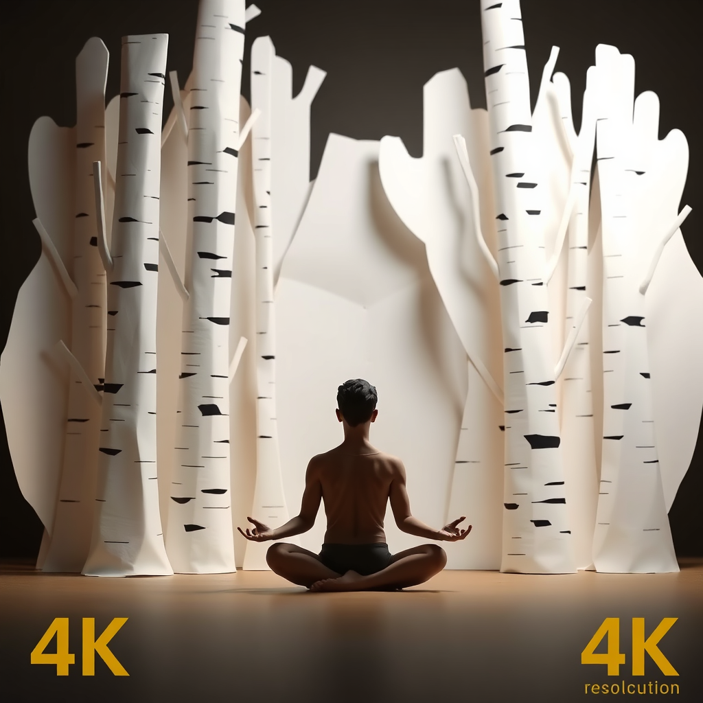 Stylized image of a person meditating in front of a paper birch sculpture. Focus on conveying a sense of peace and mindfulness. 4K resolution.