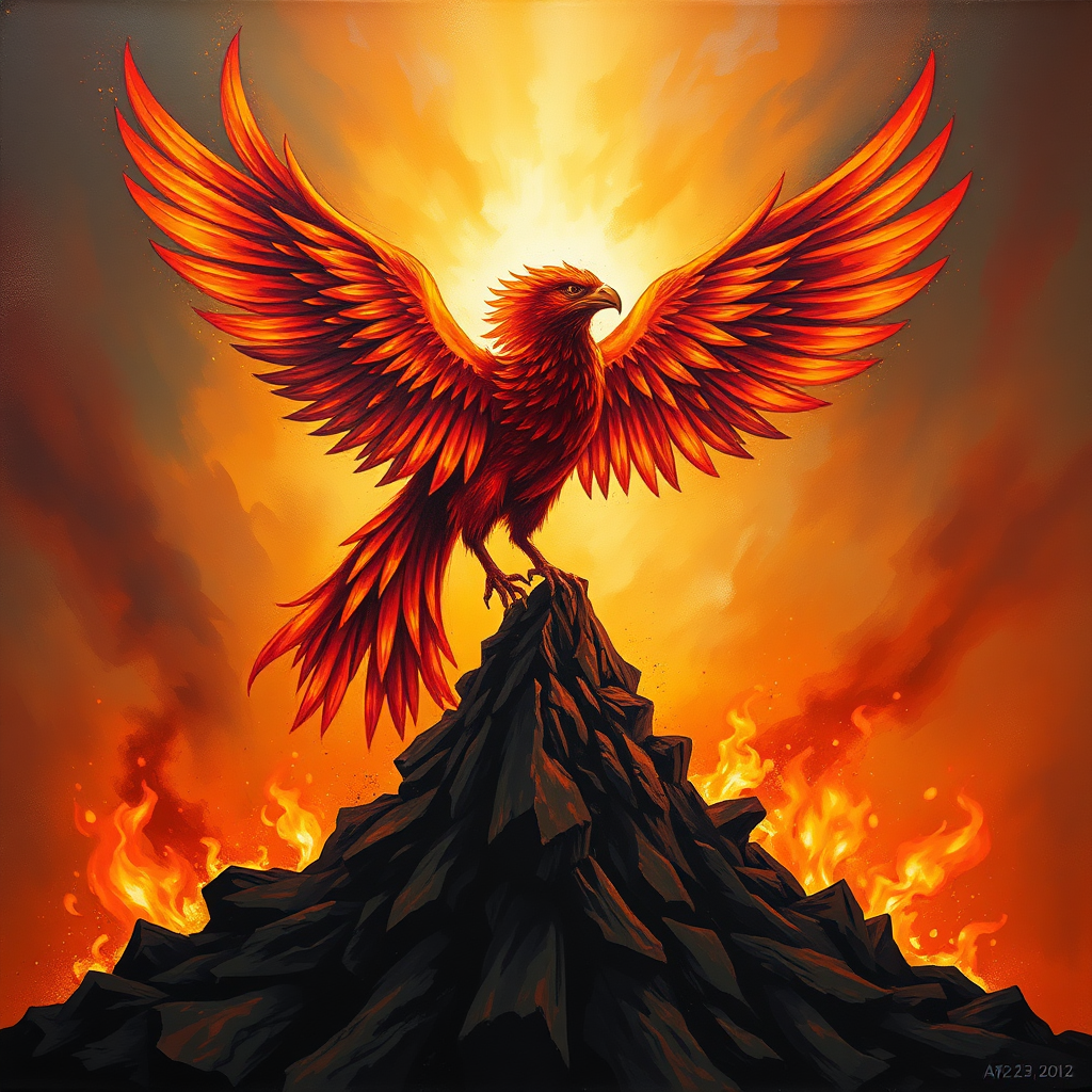 Stylized oil painting depicting a phoenix rising from ashes, the phoenix's head replaced by the silhouette of a woman. The colors are vibrant reds, oranges, and yellows, symbolizing transformation and rebirth. 4k resolution.