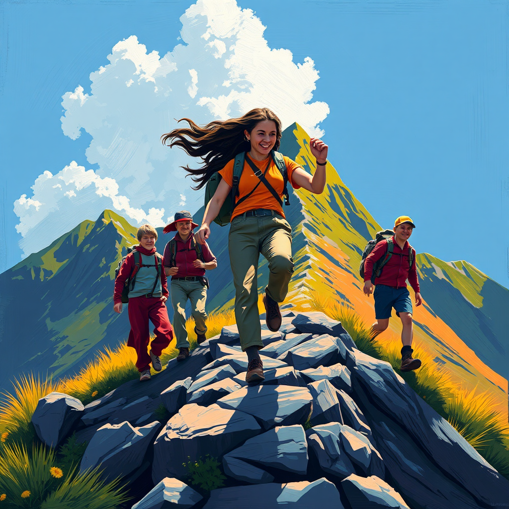 Stylized oil painting of a woman leading a group of people up a mountain. The color palette is vibrant and hopeful, symbolizing progress and achievement. 4k resolution.