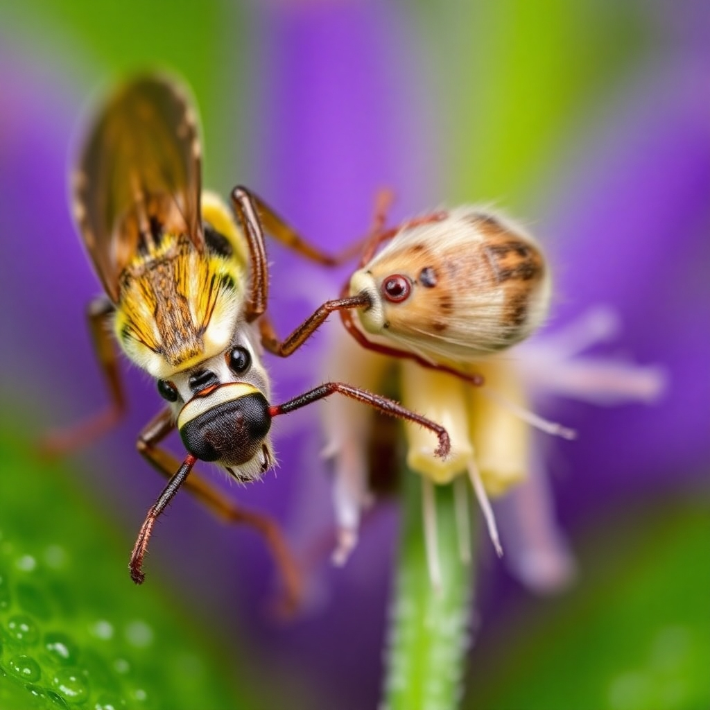 A close-up image showcasing beneficial insects or other natural pest control methods in action. The style should be macro photography, emphasizing the details of the natural processes involved.