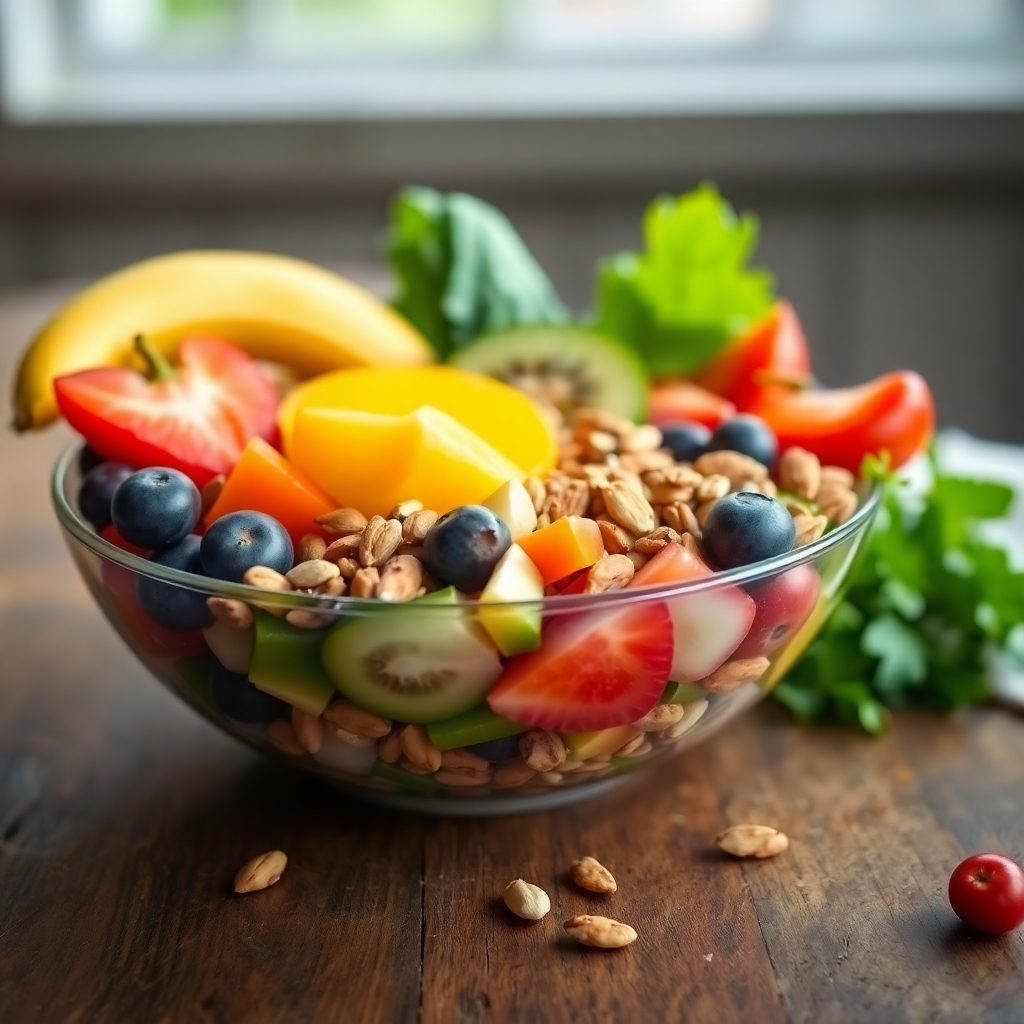 A close-up shot of a colorful bowl filled with fresh fruits, vegetables, nuts, and seeds. The bowl is placed on a rustic wooden table, with natural light streaming in from a nearby window. The focus should be on the vibrant colors and textures of the ingredients, highlighting their nutritional value. Photorealistic, 4K resolution.