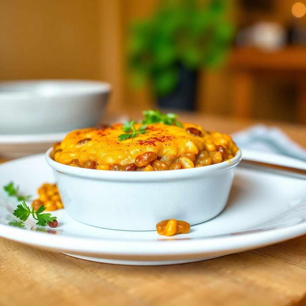 A close-up shot of a perfectly plated vegan dish, such as a lentil shepherd's pie or a butternut squash risotto. The dish is garnished with fresh herbs and spices, and the background is blurred to emphasize the food. Warm, inviting lighting. Photorealistic, 4K resolution.