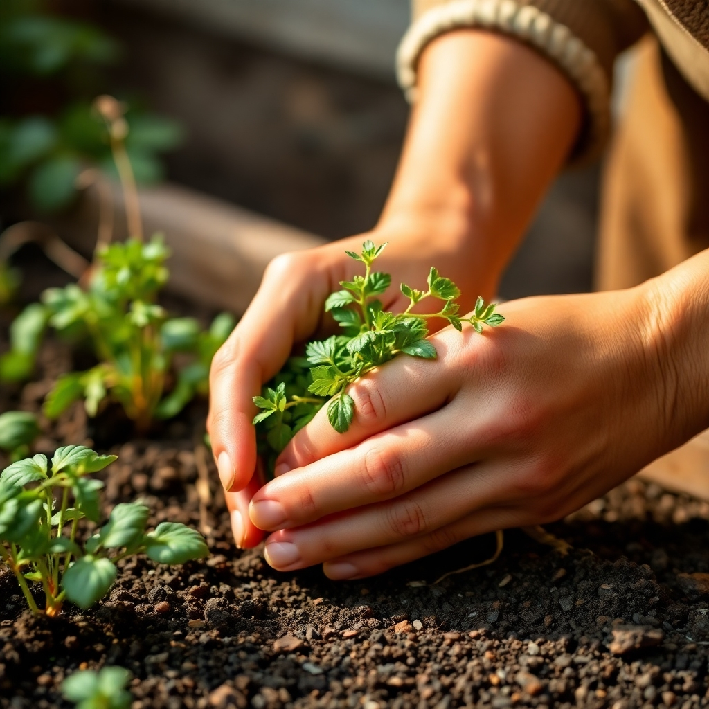 A close-up shot of hands gently tending to herbs. Emphasize the care and detail involved in organic gardening. Warm lighting and a rustic background enhance the image’s appeal. Use a style that evokes a sense of peace and connection with nature.