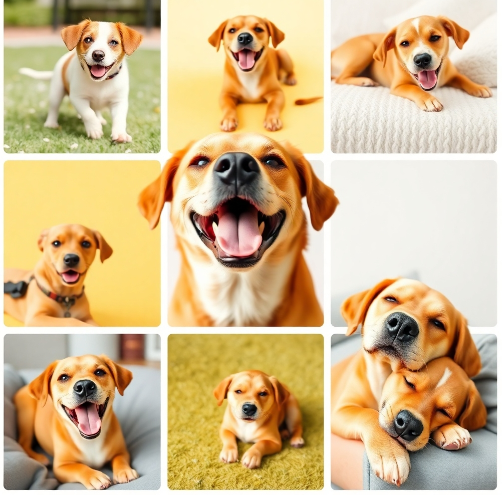 A collage of images showing a happy dog in various settings: playing, sleeping, receiving cuddles. Use bright colors and positive images, highlighting the dog's happiness and health.