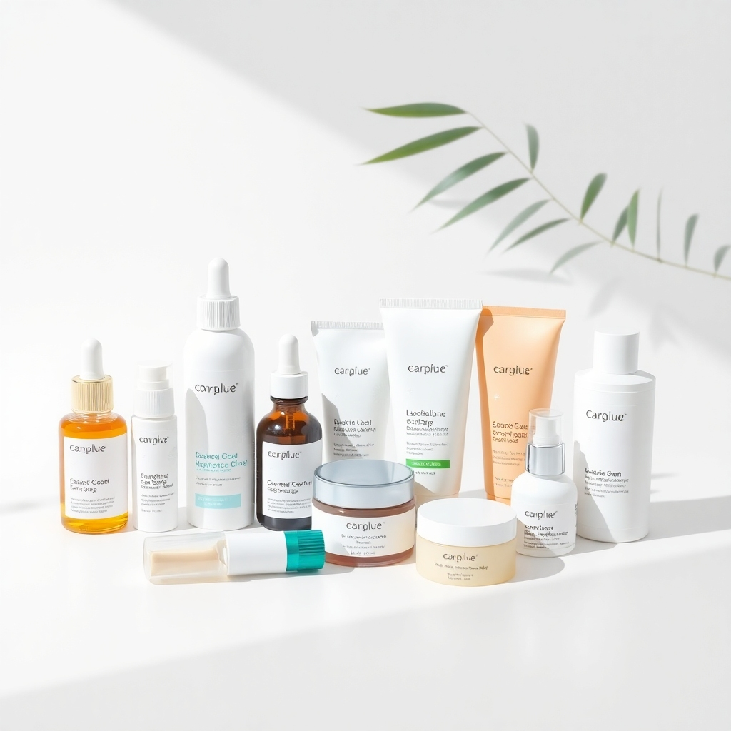 A collection of cruelty-free beauty products arranged on a clean, white surface. The products are packaged in sustainable materials and are free from harmful chemicals. The image should convey a sense of purity and ethical responsibility. Clean lines, minimalist aesthetic. Photorealistic, 4K resolution.