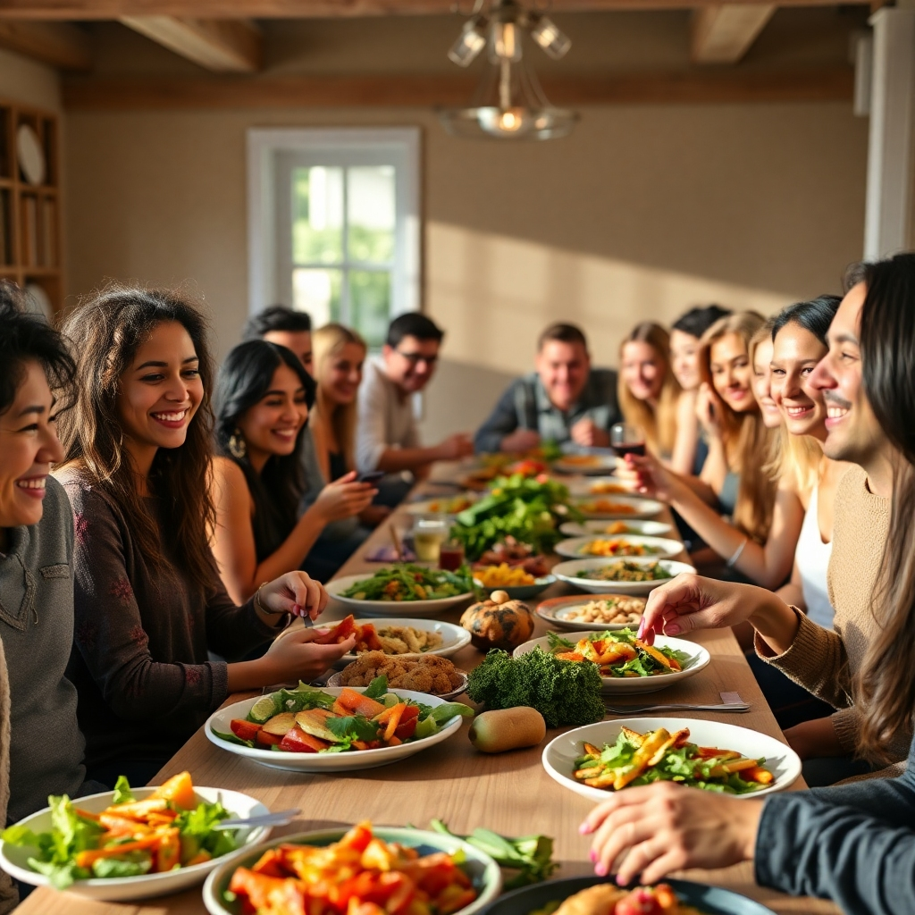 A diverse group of people sharing a vegan meal together at a long table. The atmosphere is warm and inviting, and everyone is smiling and engaged in conversation. The food is colorful and delicious, showcasing the variety of plant-based cuisine. Natural lighting, candid shot. Photorealistic, 4K resolution.