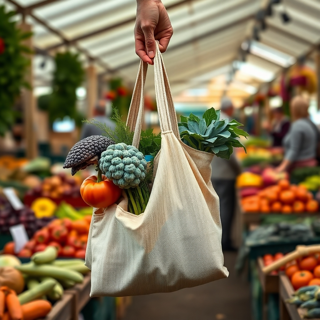 A hand holding a reusable shopping bag filled with organic produce. The bag is made of natural fibers, and the background is a bustling farmers market. The image should convey a sense of responsibility and environmental awareness. Earthy tones and natural textures. Photorealistic, 4K resolution.