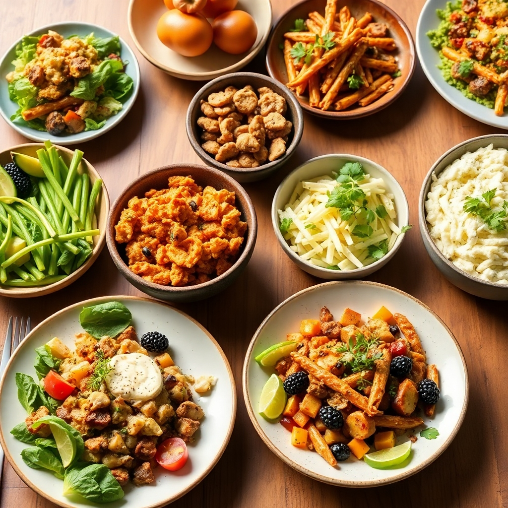 A high-quality image showcasing a variety of keto-friendly meals—each visually appealing and highlighting freshness and ease of preparation. Warm lighting and a clean backdrop are recommended.