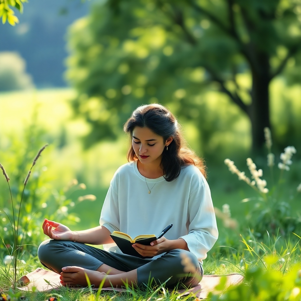 A person meditating in a peaceful setting, surrounded by nature. They are holding a journal and pen, reflecting on their thoughts and feelings. The image should convey a sense of introspection and mindfulness. Soft, ethereal lighting. Stylized, 4K resolution.
