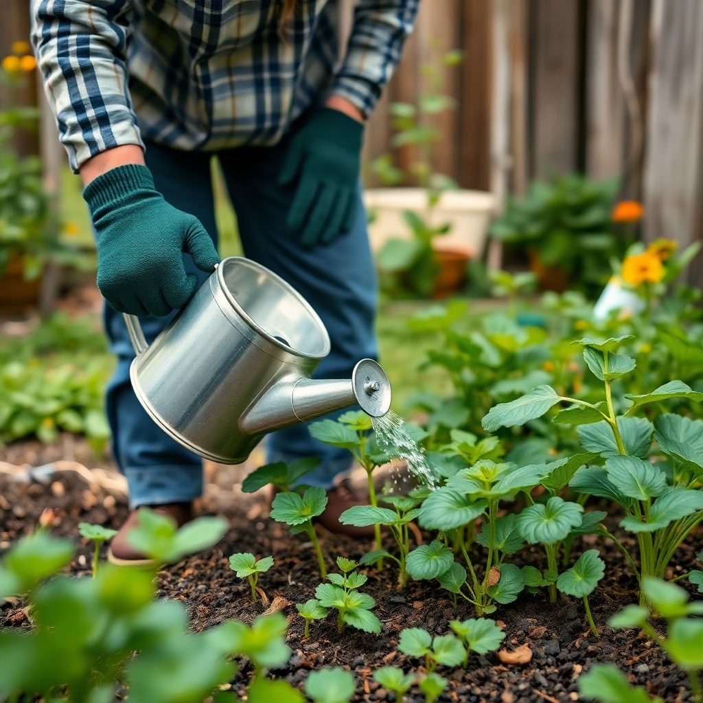 A person tending to a small vegetable garden in their backyard. They are wearing gardening gloves and using a watering can to water the plants. The image should convey a sense of connection to nature and sustainable living. Natural lighting, earthy tones. Photorealistic, 4K resolution.