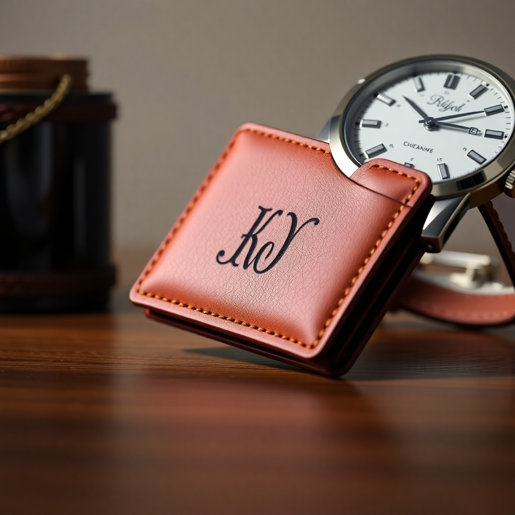 A photorealistic image featuring a close-up of a personalized item, such as a monogrammed leather wallet or an engraved watch, with a focus on the high-quality craftsmanship and detail of the personalization.  The background should be simple and elegant, allowing the personalization to take center stage. The lighting should be soft and warm, enhancing the overall impression of quality and luxury.