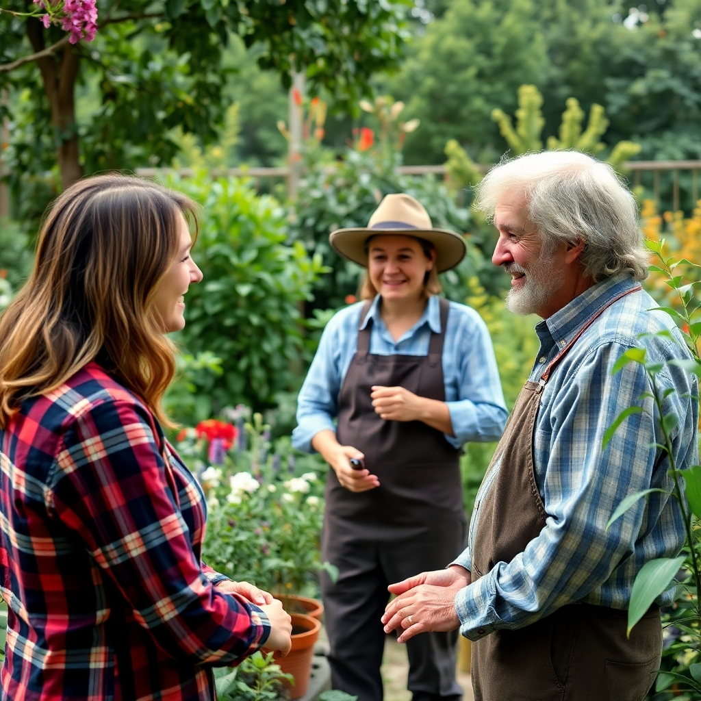 A photorealistic image of a gardener consulting with a client in a lush garden. The style should be warm, friendly, and professional, emphasizing the personal interaction.