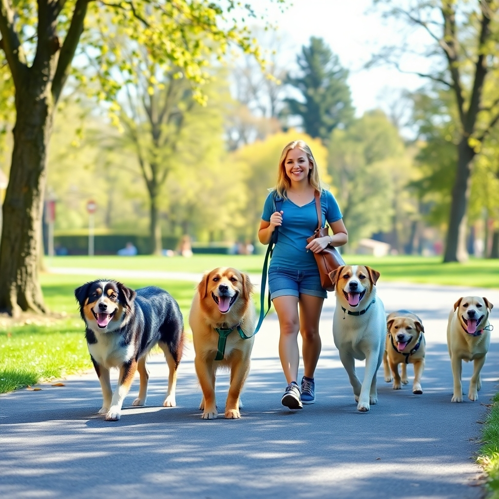 A photorealistic image of a pet sitter walking a group of happy dogs in a park setting. The image should be bright, vibrant, and convey a sense of fun and safety.