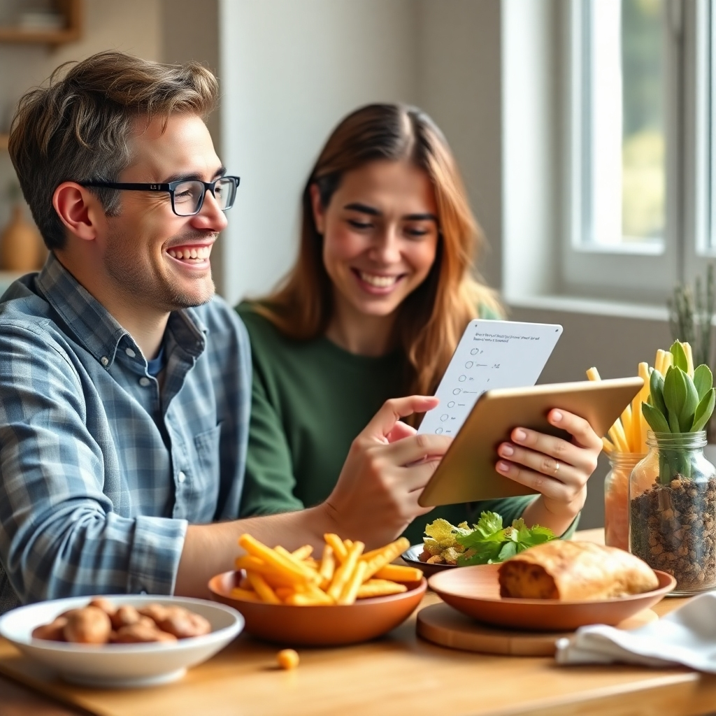 A photorealistic image of a person happily completing a quiz on a tablet, with keto-friendly food items around them. It should be warm and inviting, using natural lighting to create a cheerful environment.
