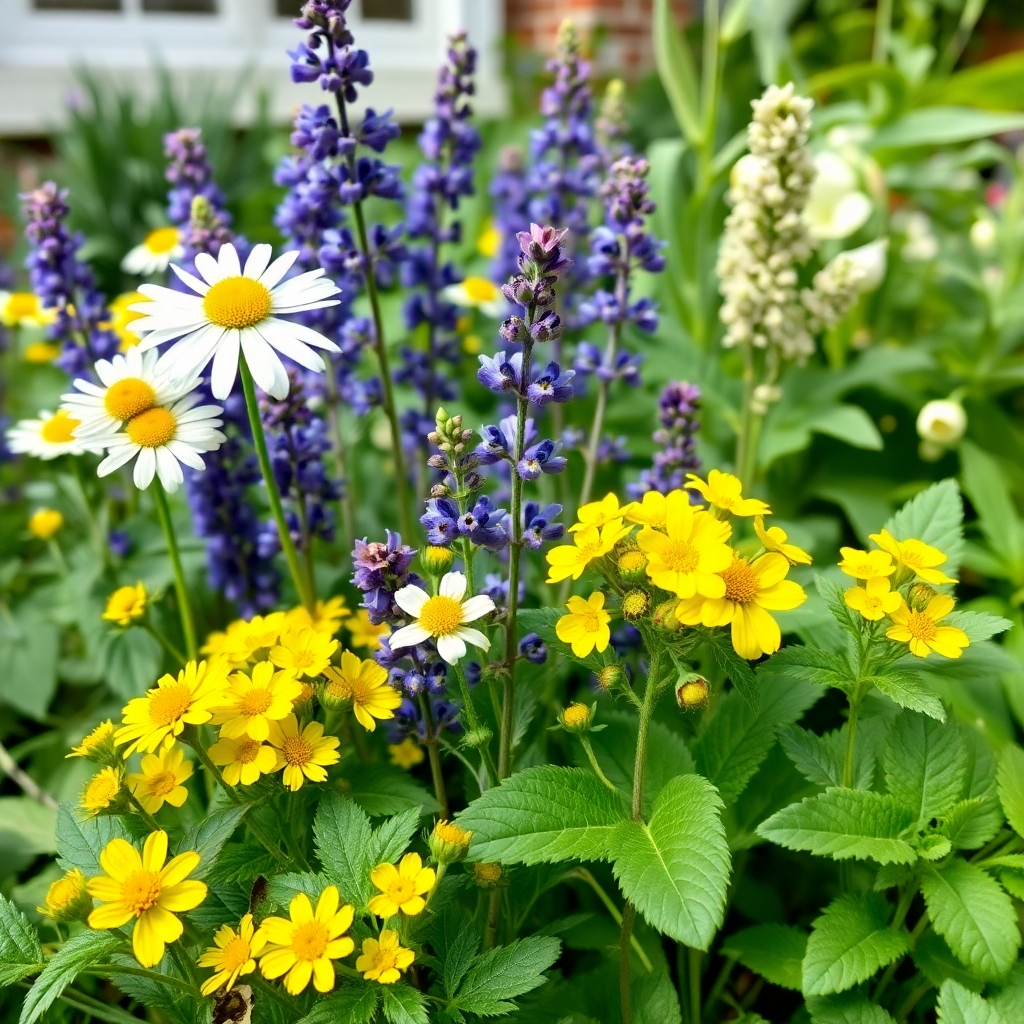 A photorealistic image showcasing various medicinal herbs such as chamomile, lavender, and St. John's Wort in a home garden setting. Focus on the plants' textures and details, using natural lighting. Style should be clean and informative.