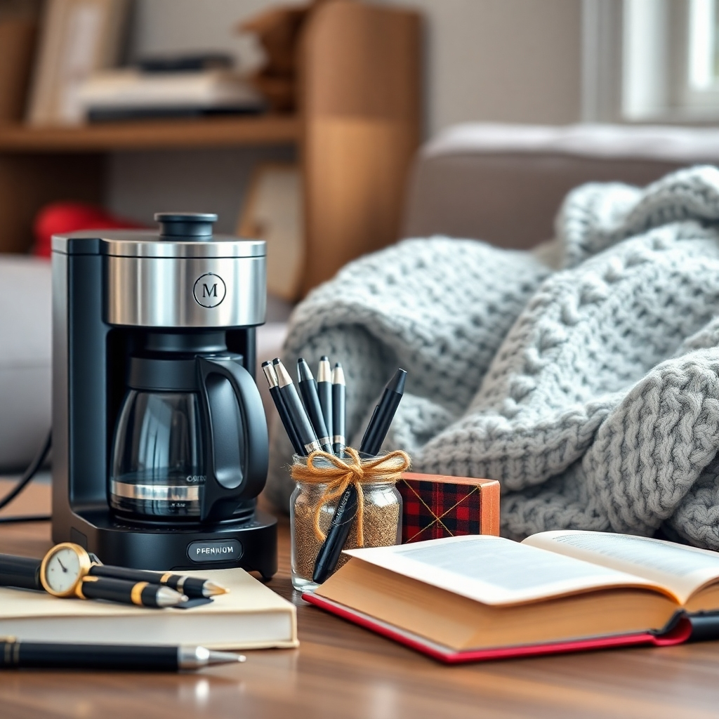 A photorealistic image showcasing a blend of practical and stylish gifts such as a premium coffee maker, high-quality pens, a comfortable sweater, and a nice book. The backdrop could be a living room setting, with soft, warm lighting.