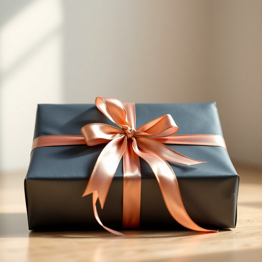 A photorealistic image showcasing a beautifully wrapped gift, with a focus on the high-quality wrapping paper, ribbons, and other decorative elements. The image should convey a sense of elegance and sophistication. The background should be a clean and uncluttered space. The lighting should be soft and natural, enhancing the overall visual appeal.