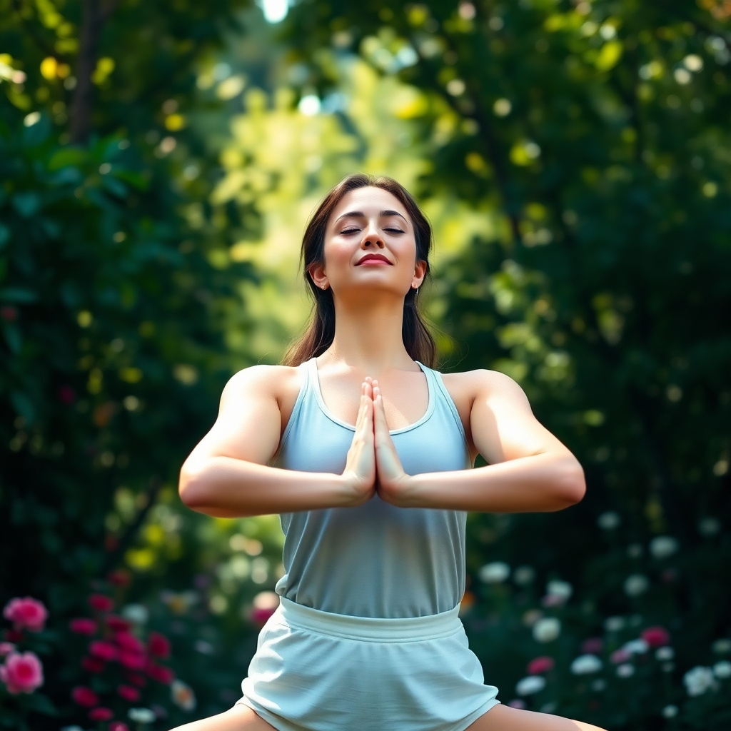 A serene woman practicing yoga in a sunlit garden. She is in a tree pose, with her eyes closed and a peaceful expression on her face. The background is filled with lush greenery and flowers. The image should convey a sense of calm and tranquility. Soft, diffused lighting. Photorealistic, 4K resolution.