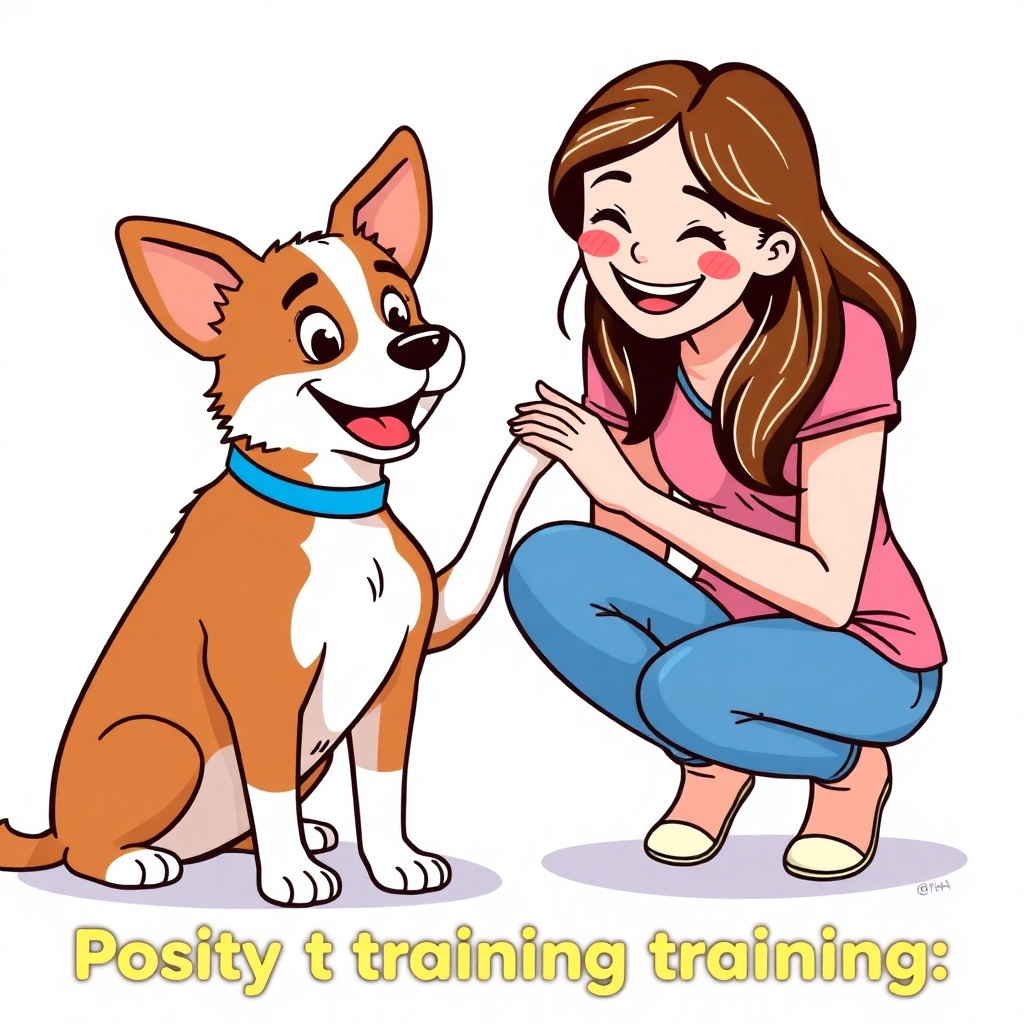 A stylized illustration or photo of a dog and owner engaged in a positive training session. Use bright, cheerful colors, focusing on the happy expressions of both dog and human. Emphasize the playful interaction and bond between them.