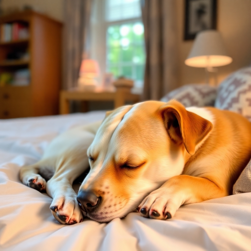 A warm, inviting image of a dog sleeping soundly in a pet-friendly bedroom setting. The focus should be on the dog's comfort and the feeling of a safe, loving environment.