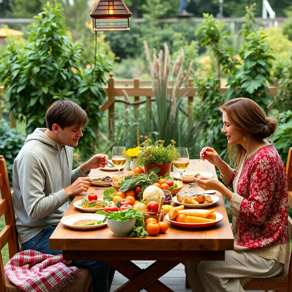 An image depicting a family enjoying a meal made entirely from ingredients grown in their home garden.  The image style should be warm and inviting.