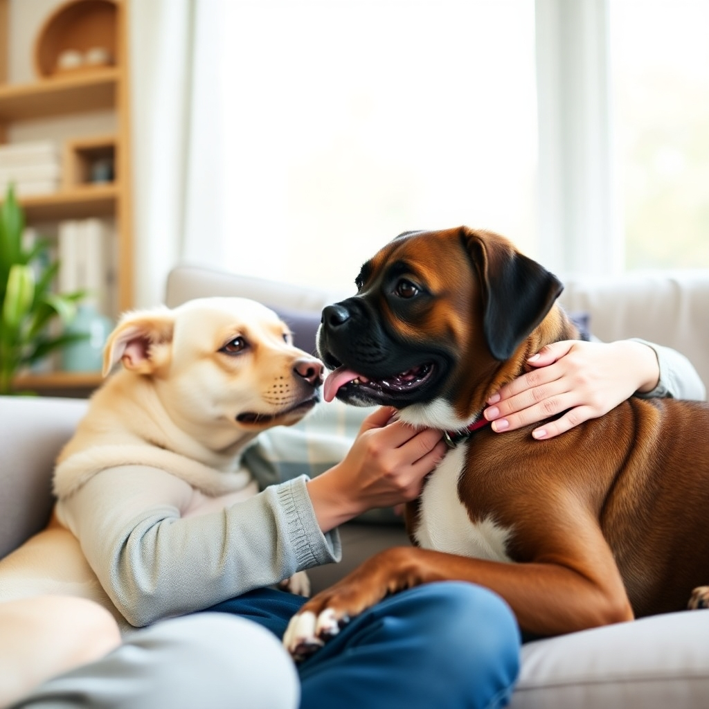 An image depicting a pet sitter comfortably interacting with a dog in a home setting. Focus on a warm, calming environment emphasizing trust and security.
