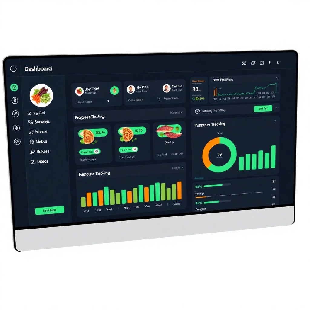 An image displaying a digital dashboard representing a personalized keto diet plan.  This could be a mock-up screen showcasing daily meal plans, macros, progress tracking, and other supportive information. The design should be clean and modern.