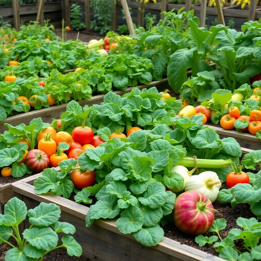 An image of a bountiful vegetable garden, with a variety of vegetables growing in raised beds. The style should be photorealistic, emphasizing the lushness and vibrancy of the plants.