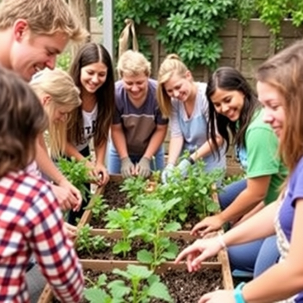 An image of a group of people participating in a gardening workshop. The style should be lively and engaging, showcasing the fun and educational aspects of the workshop.