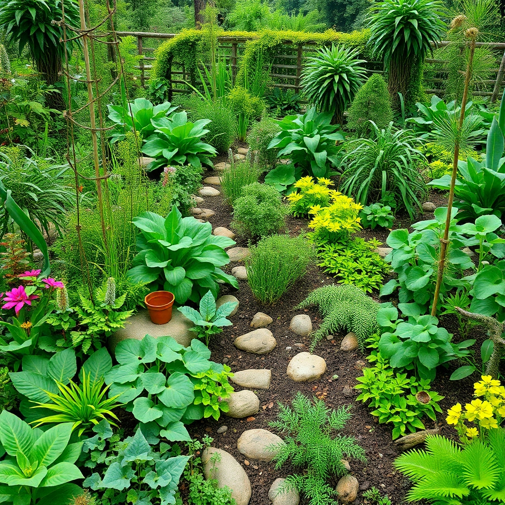 An image of a permaculture garden, showcasing diverse plants and natural systems working together. The style should be photorealistic, with a focus on the complexity and beauty of the design.