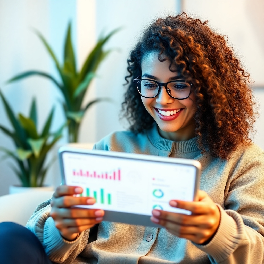 An image of a person smiling while looking at their results on a device. Create a cheerful environment around them. The image style should be motivational and positive.