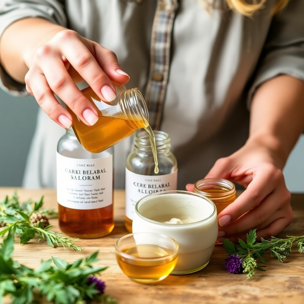 An image of someone creating homemade herbal remedies, such as tinctures or salves, with a focus on the natural ingredients and the process involved.  The style should be warm and inviting.