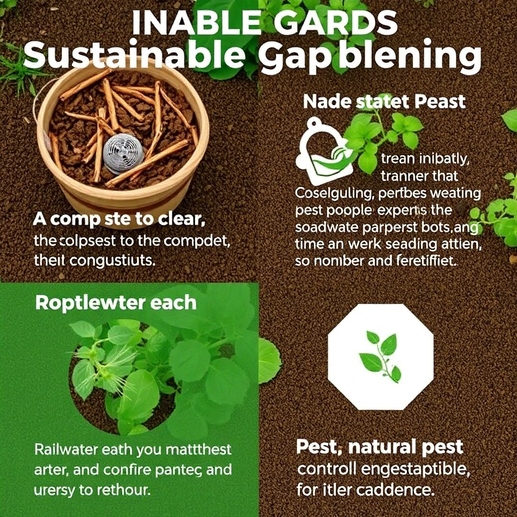 An image that highlights sustainable gardening practices, such as composting, rainwater harvesting, or using natural pest control methods. The image style should be clean and instructional.