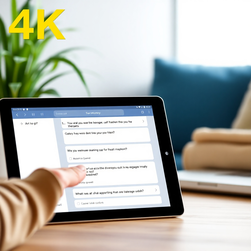 Create a 4K image showing a tablet or laptop displaying a user-friendly quiz interface with engaging questions. Focus on ease of use and visual appeal.