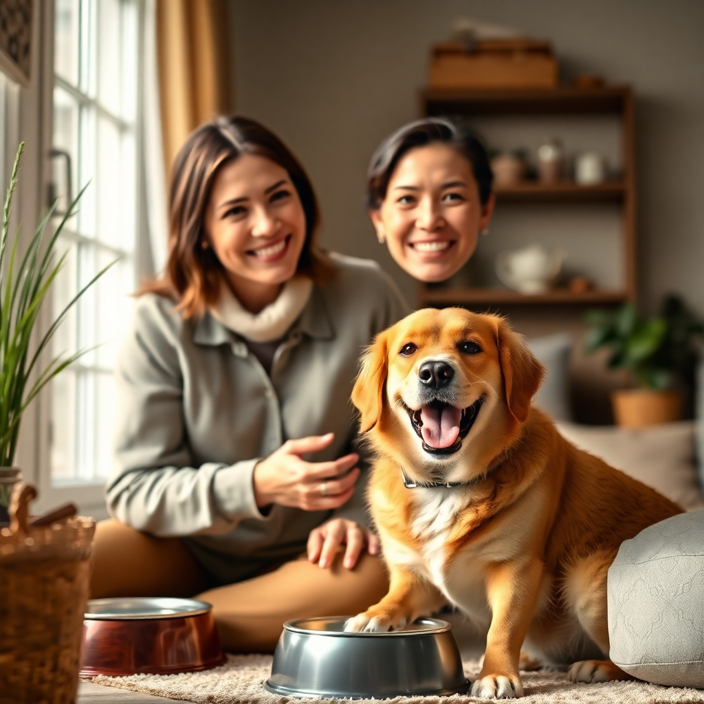 Create a 4K resolution, high-quality image. Depict a friendly, trustworthy pet sitter interacting with a happy dog. The setting should be a cozy home environment, with soft, natural light creating a welcoming atmosphere. The color palette should be warm and comforting, focusing on earth tones and muted pastels. The composition should be balanced, with the pet sitter and dog sharing the focus. The image style should evoke a sense of trust, care, and professionalism, and the quality should be sharp and detailed, capturing the genuine connection between the sitter and the pet. Include relevant props, such as a dog bowl or toy, to enhance the setting.