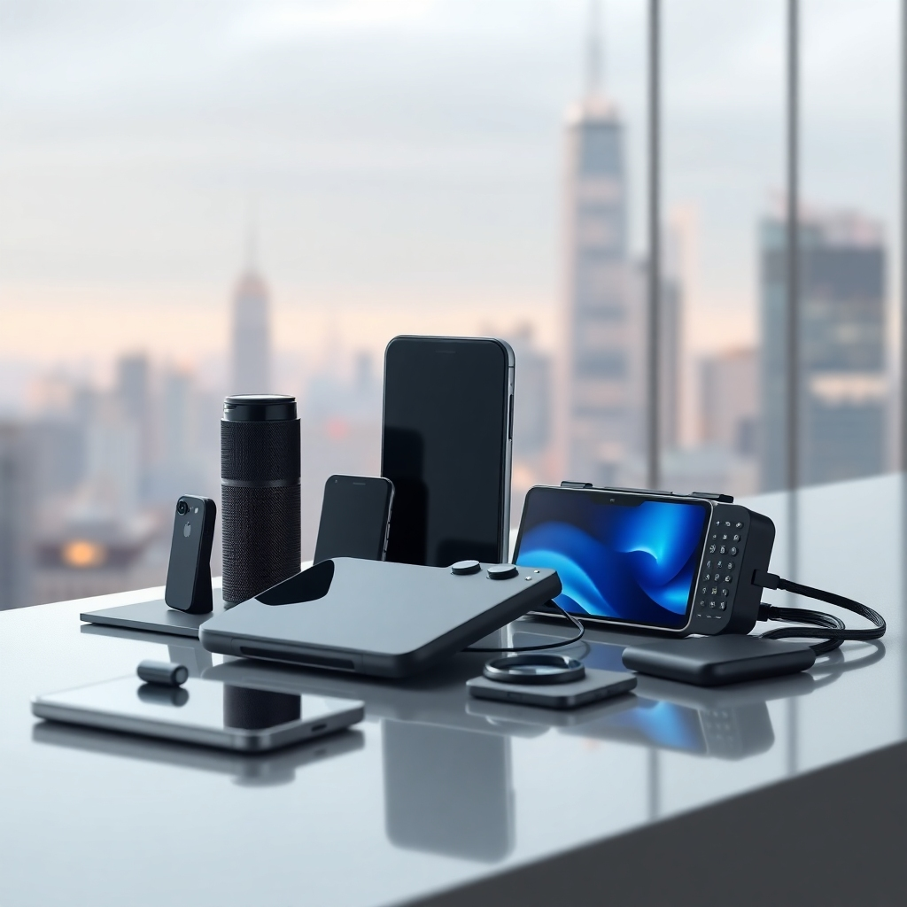 Create a photorealistic image of various high-end tech gadgets artfully arranged on a sleek, modern surface. The image should highlight their sleek design and high quality. The lighting should be sophisticated and minimalist. The backdrop should be a blurred city skyline.